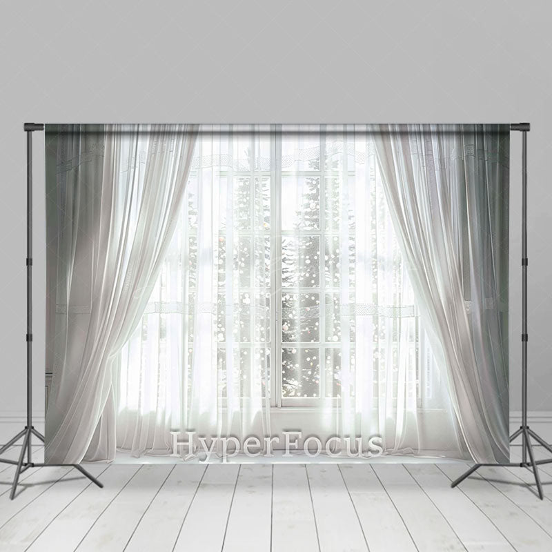 Lofaris White Curtain Window Snowy Winter Room Set Backdrop