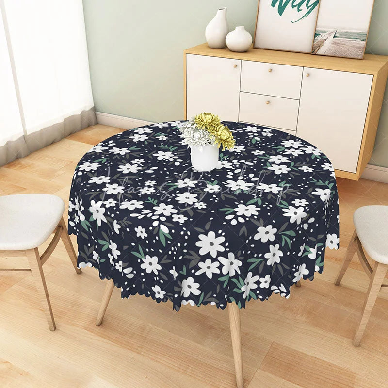 Lofaris White Daisy Floral Pattern Round Tablecloth Navy Blue Spring Kitchen Dining Decor