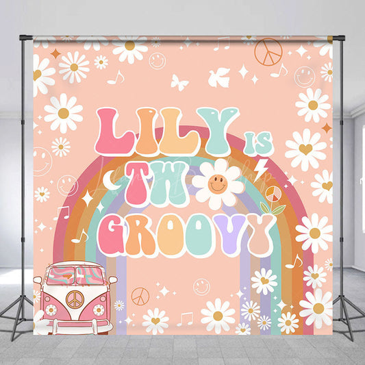 Lofaris White Daisy Two Groovy Custom Name Birthday Backdrop