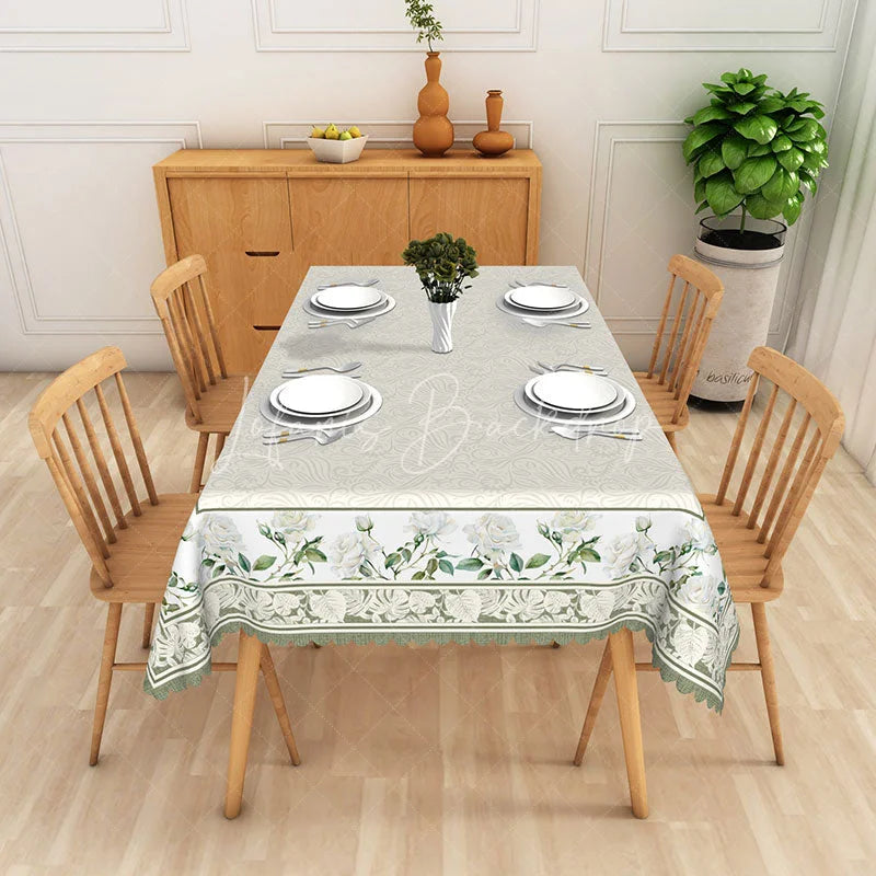 Lofaris White Damask Texture Green Floral Border Rectangle Tablecloth Classic Dining Decor Washable Kitchen Table Cover