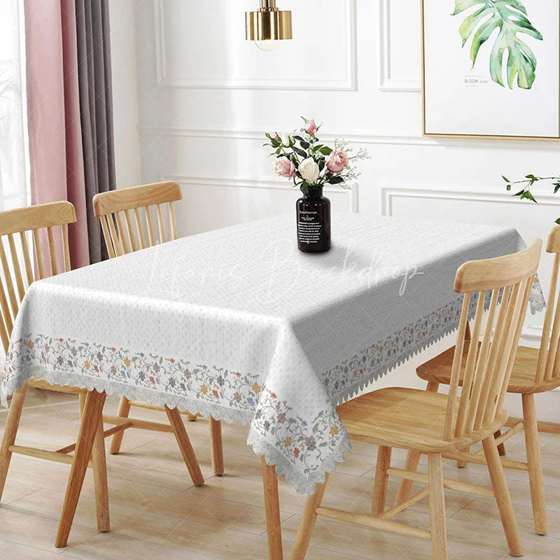 Lofaris White Delicate Floral Border Pattern Rectangle Tablecloth Elegant Dining Room Decor Washable Kitchen Table Cover