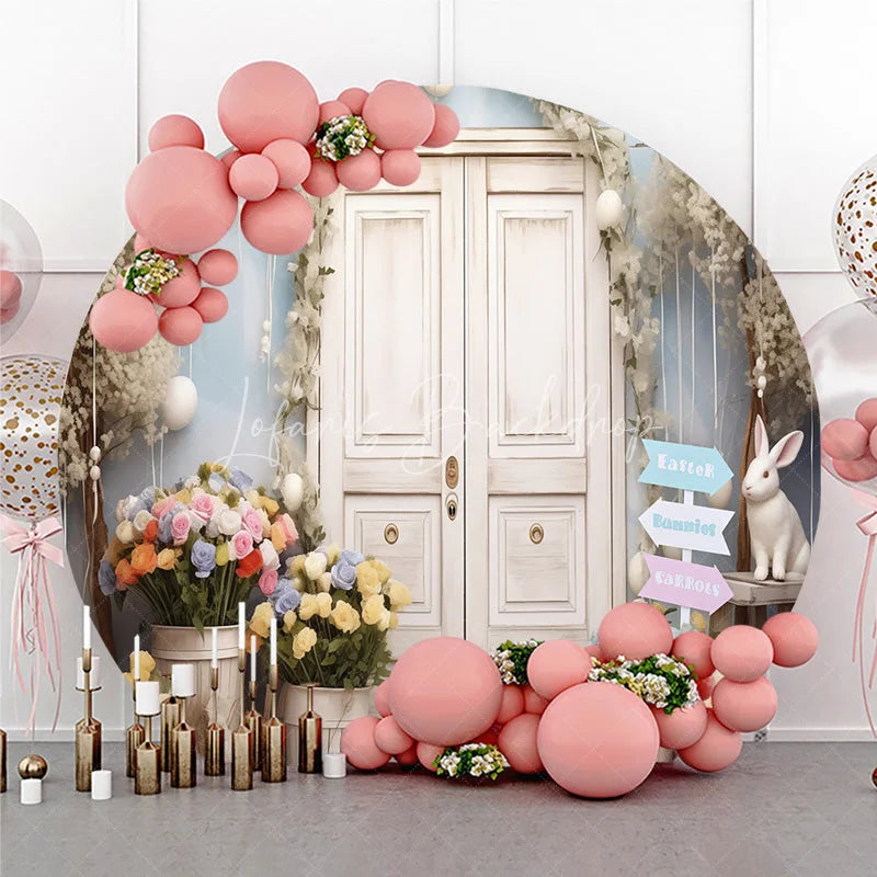 Lofaris White Door Spring Garden Round Backdrop with Pastel Flowers and Easter Bunnies Celebration Decor