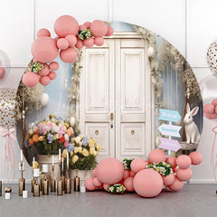 Lofaris White Door Spring Garden Round Backdrop with Pastel Flowers and Easter Bunnies Celebration Decor