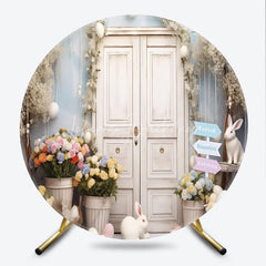 Lofaris White Door Spring Garden Round Backdrop with Pastel Flowers and Easter Bunnies Celebration Decor