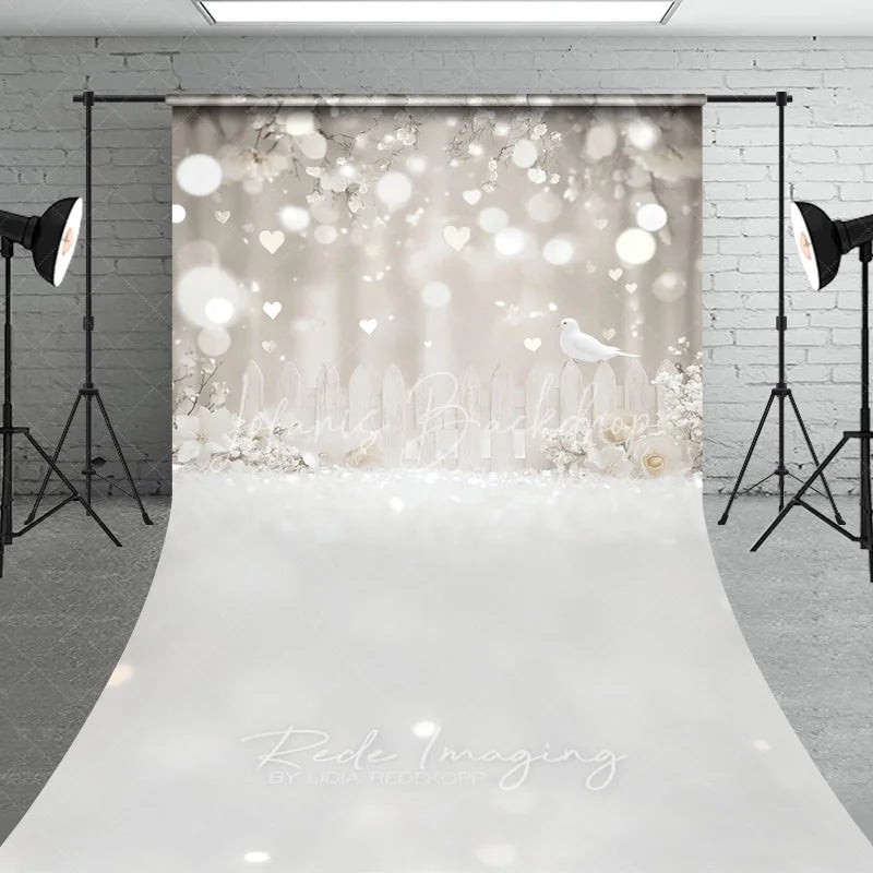 Lofaris White Dove Heart Bokeh Photography Backdrop Dreamy Floral Fence Seamless Sweep Portrait Studio Background