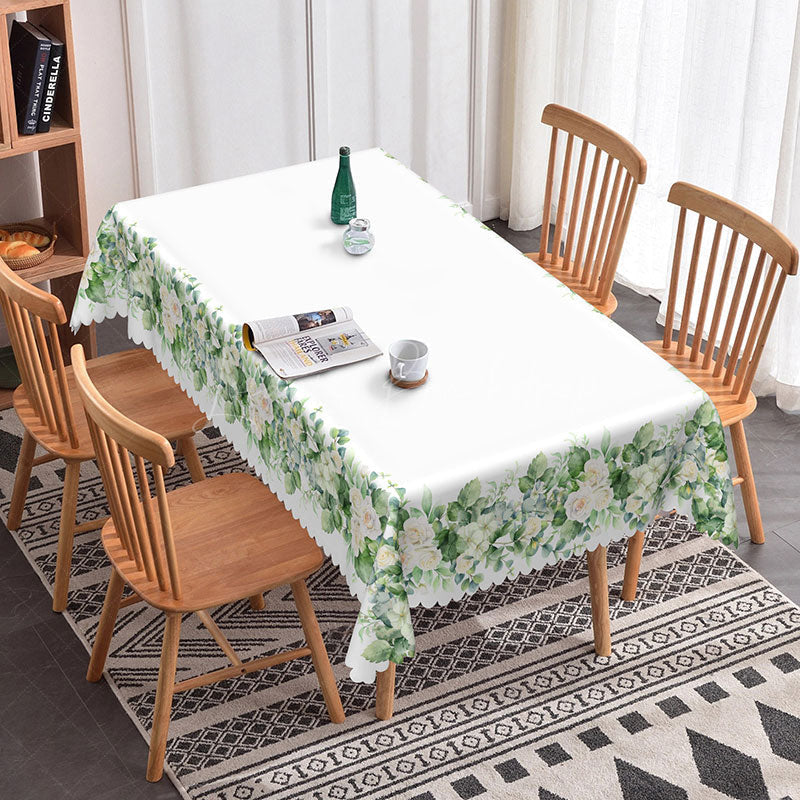 Lofaris White Edge Green Floral Rectangle Tablecloth
