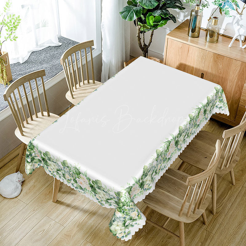 Lofaris White Edge Green Floral Rectangle Tablecloth