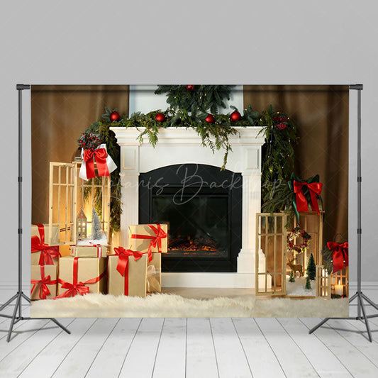 Lofaris White Elegant Fireplace Wreath Christmas Backdrop