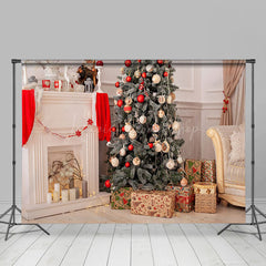 Lofaris White Fireplace Wall Pine Tree Christmas Backdrop