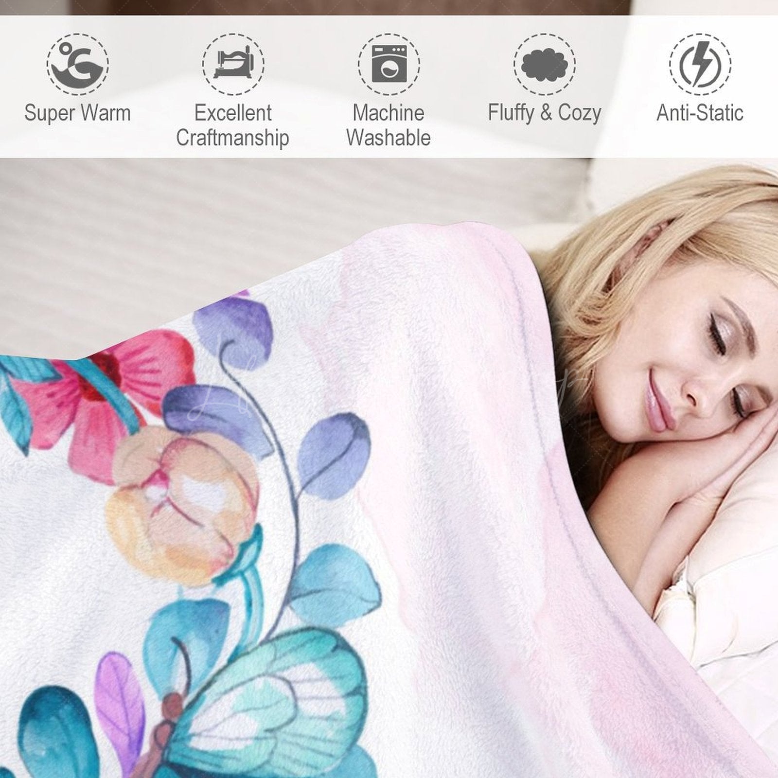 Lofaris White Floral Gold Glitter Custom Name Baby Blanket