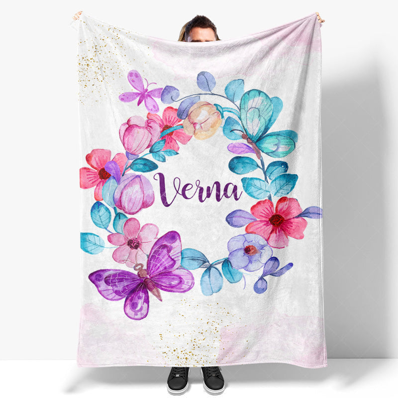 Lofaris White Floral Gold Glitter Custom Name Baby Blanket