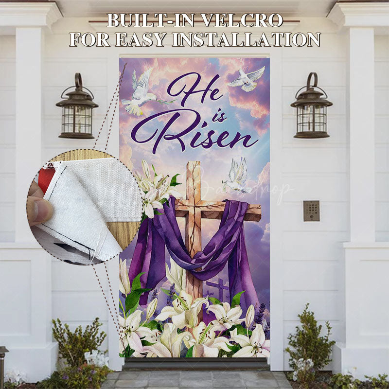 Lofaris White Floral He Is Risen Cross Easter Door Cover