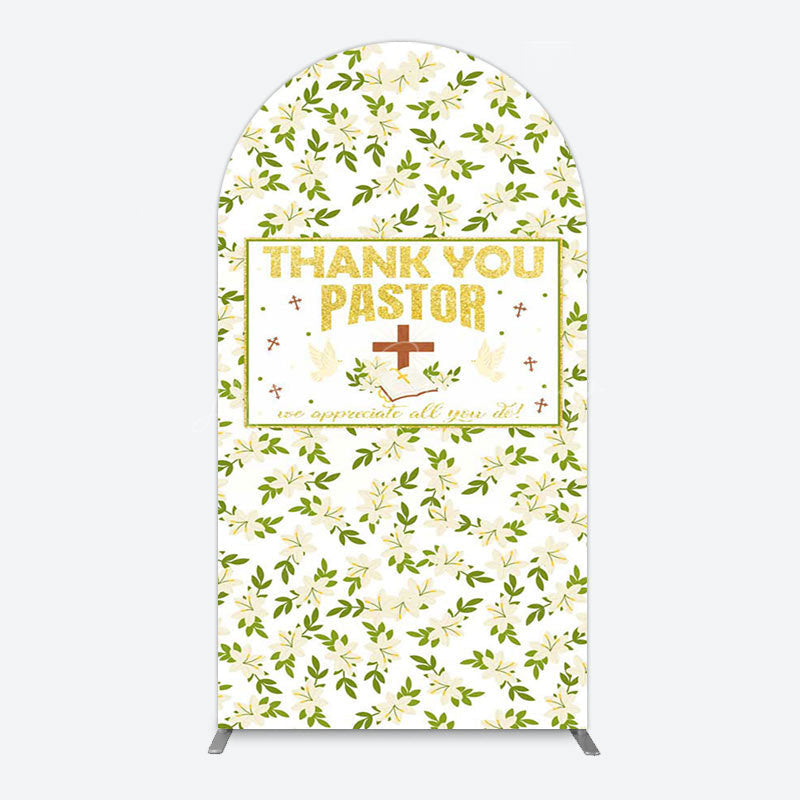 Lofaris White Floral Leaves Thank You Pastor Arch Backdrop
