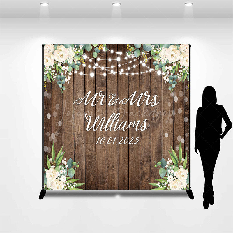 Lofaris White Floral Wooden Bokeh Custom Name Wedding Backdrop