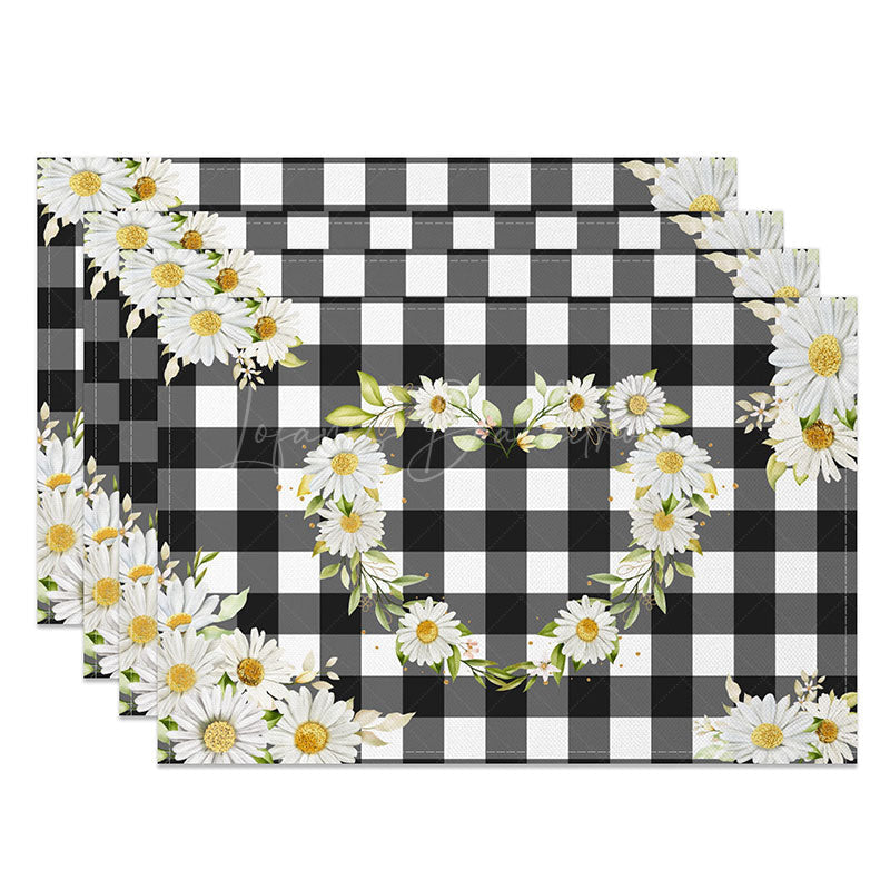 Lofaris White Floral Wreath on Black Plaid Set of 4 Placemats for Modern Farmhouse and Country Kitchen Dining
