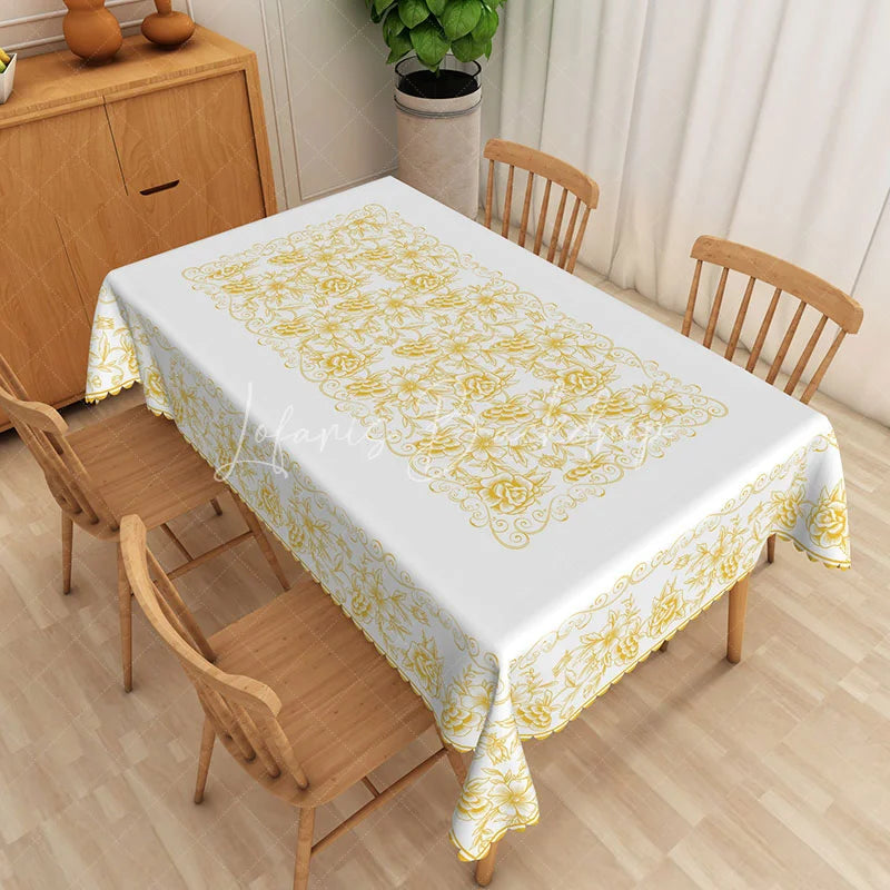 Lofaris White Gold Floral Rectangle Tablecloth Elegant Damask Flower Dining Table Cover for Wedding