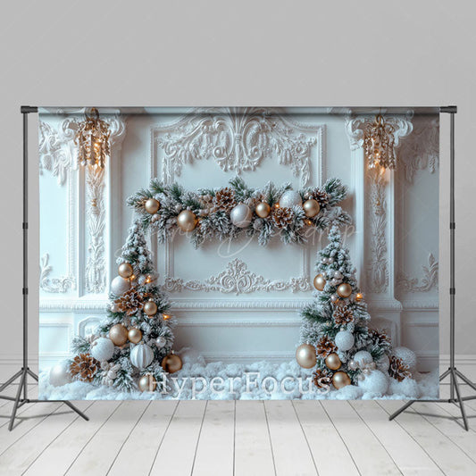 Lofaris White Gold Luxury Wall Snowy Pine Leaves Backdrop