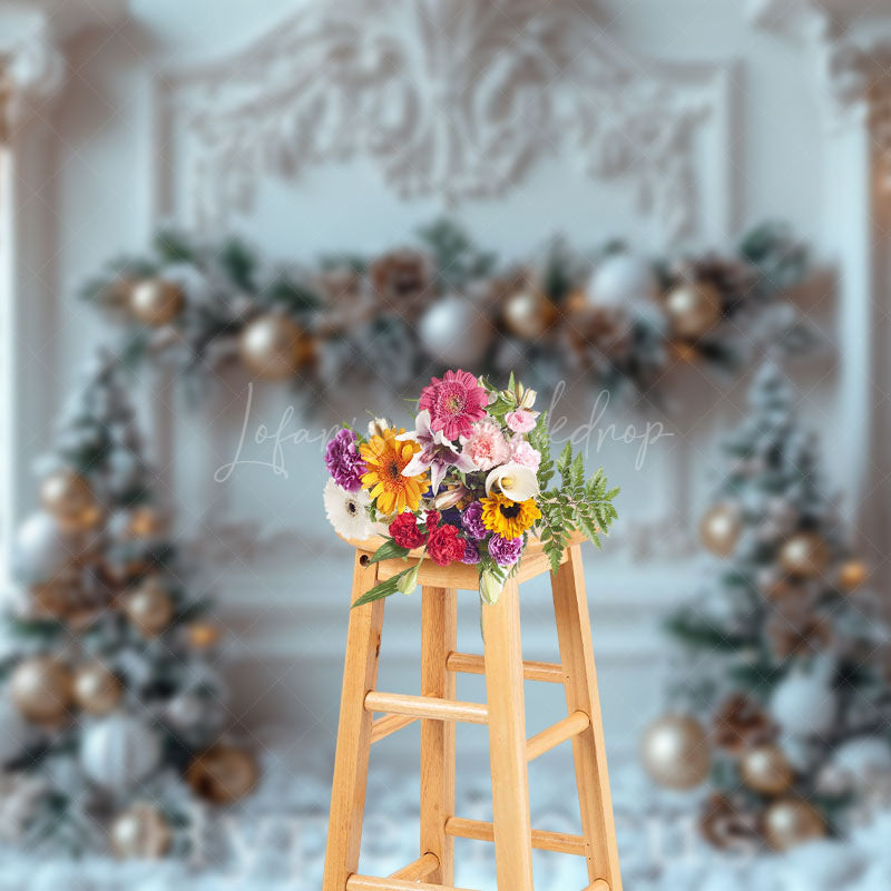 Lofaris White Gold Luxury Wall Snowy Pine Leaves Backdrop