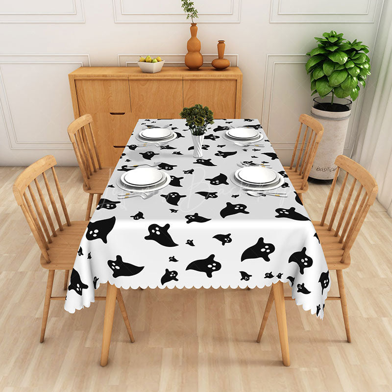 Lofaris White Halloween Rectangle Tablecloth with Cute Ghost Pattern for Spooky and Fun Holiday Party Decorations