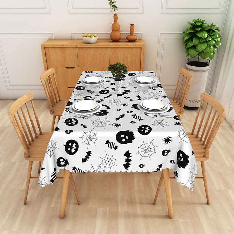 Lofaris White Halloween Rectangle Tablecloth with Jack O’ Lanterns and Spider Webs for Spooky Holiday Party Decor