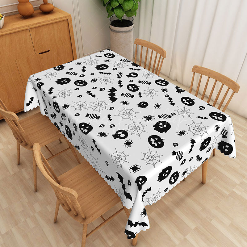 Lofaris White Halloween Rectangle Tablecloth with Jack O’ Lanterns and Spider Webs for Spooky Holiday Party Decor