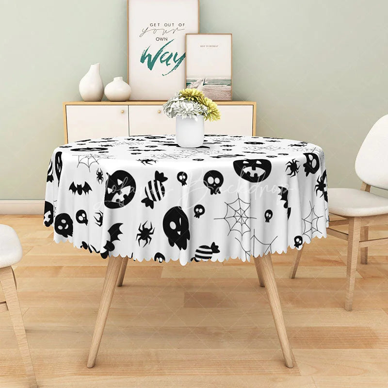 Lofaris White Halloween Round Tablecloth with Jack-o’-Lanterns and Spiderwebs for Spooky Party Decor