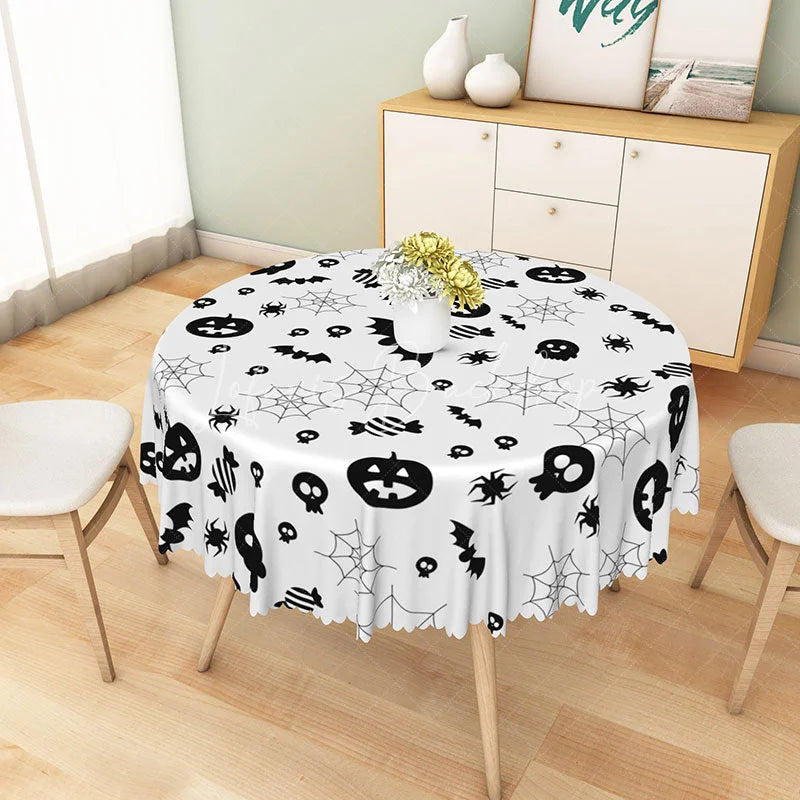 Lofaris White Halloween Round Tablecloth with Jack-o’-Lanterns and Spiderwebs for Spooky Party Decor