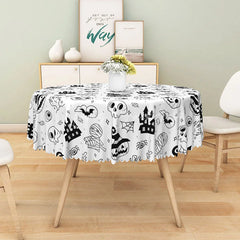Lofaris White Halloween Round Tablecloth with Jack-o’-Lanterns Skulls and Haunted Castle for Spooky Decor