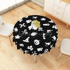 Lofaris White Halloween Round Tablecloth with Witch Hat Jack-O’-Lantern and Spiders for Spooky Decor