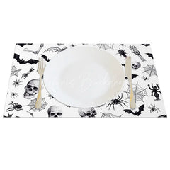 Lofaris White Halloween Set of 4 Placemats with Bats Spiders and Skeletons for Modern Spooky Decor
