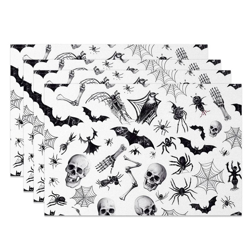 Lofaris White Halloween Set of 4 Placemats with Bats Spiders and Skeletons for Modern Spooky Decor