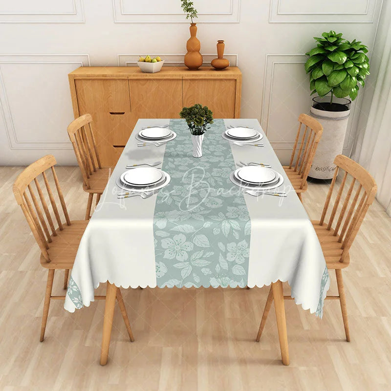 Lofaris White Light Blue Floral Center Pattern Rectangle Tablecloth Elegant Spring Kitchen Decor Washable Dining Table Cover