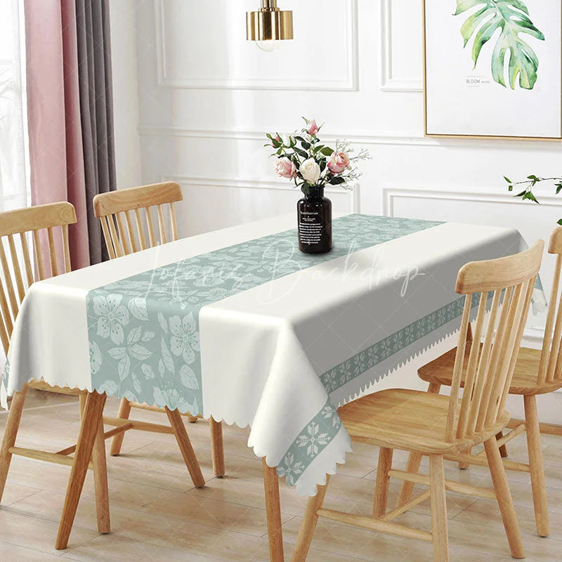 Lofaris White Light Blue Floral Center Pattern Rectangle Tablecloth Elegant Spring Kitchen Decor Washable Dining Table Cover
