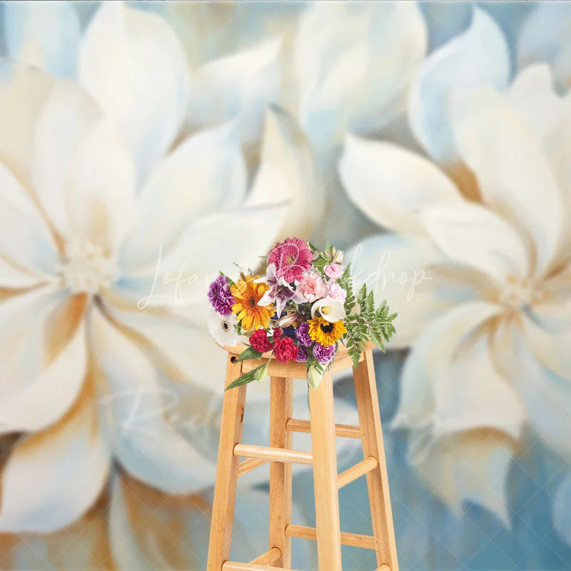 Lofaris White Magnolia Oil Painting Backdrop Soft Blue Floral Art Texture Background Elegant Photography Studio Prop