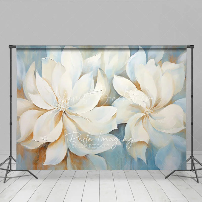 Lofaris White Magnolia Oil Painting Backdrop Soft Blue Floral Art Texture Background Elegant Photography Studio Prop