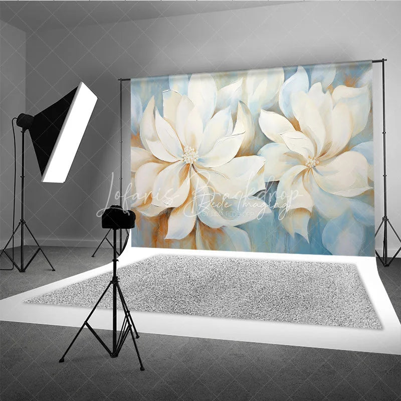 Lofaris White Magnolia Oil Painting Backdrop Soft Blue Floral Art Texture Background Elegant Photography Studio Prop