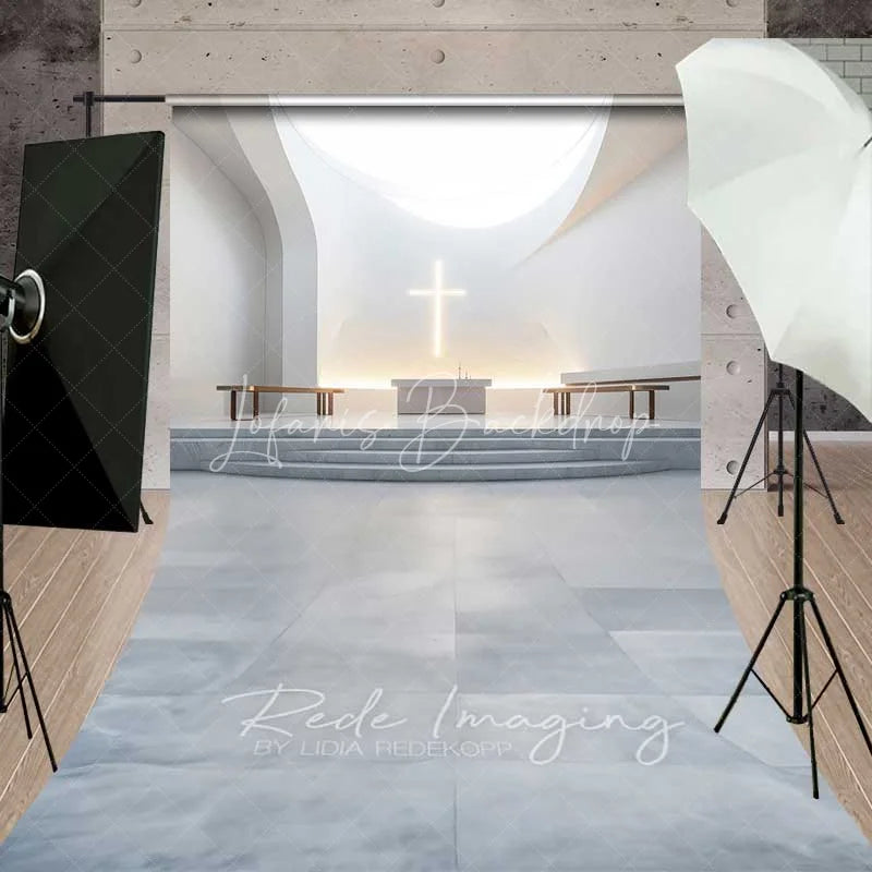 Lofaris White Modern Church Sweep Backdrop Glowing Cross Altar Elegant Wedding Ceremony Photography Serene Minimalist