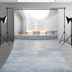Lofaris White Modern Church Sweep Backdrop Glowing Cross Altar Elegant Wedding Ceremony Photography Serene Minimalist