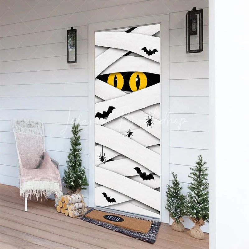 Lofaris White Mummy Eyes and Bats Halloween Door Cover Spooky Spider Party Decoration for Festive Celebrations