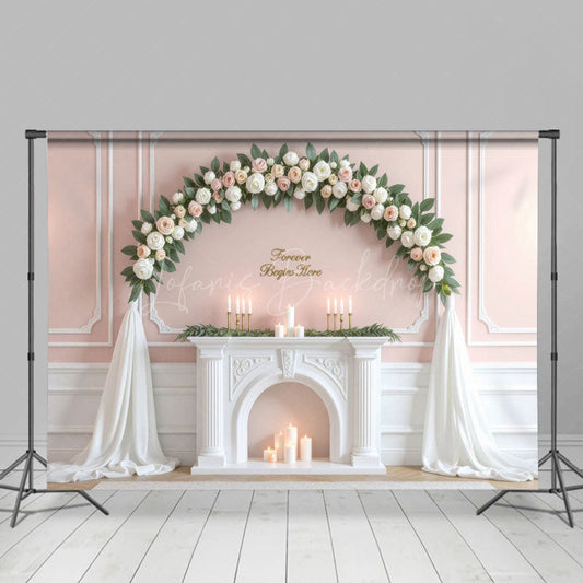 Lofaris White Pink Floral Sweet Candles Wedding Backdrop