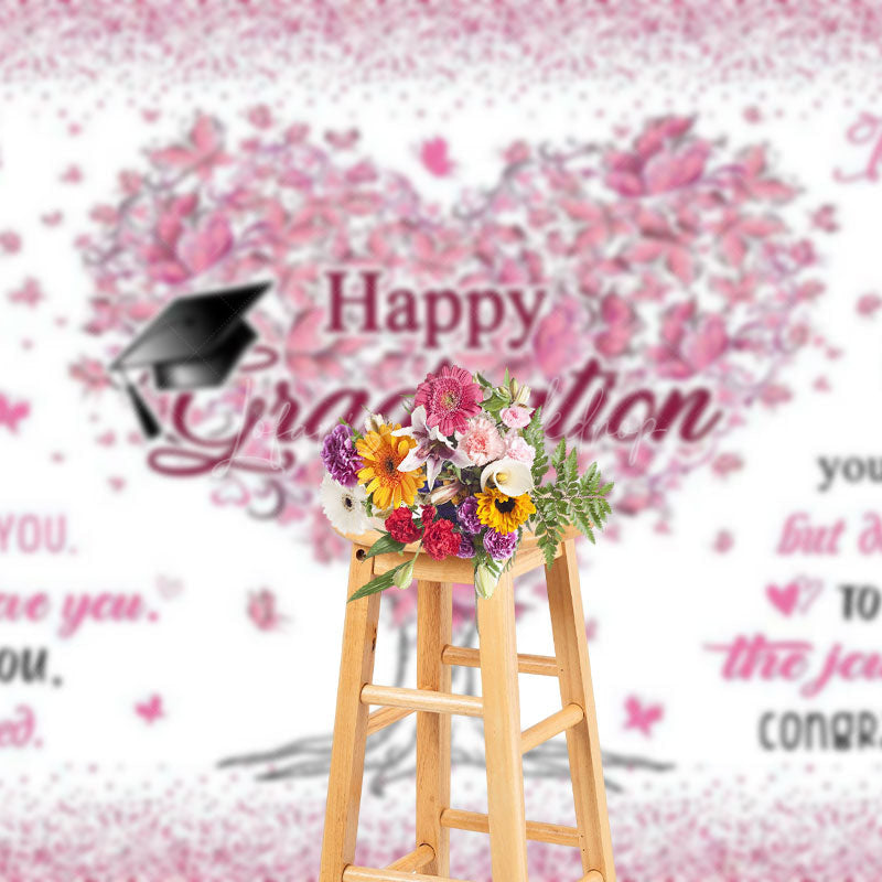 Lofaris White Pink Heart Floral Tree Happy Graduation Backdrop