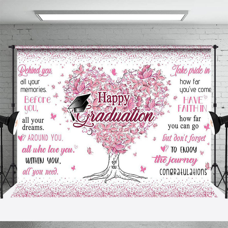 Lofaris White Pink Heart Floral Tree Happy Graduation Backdrop