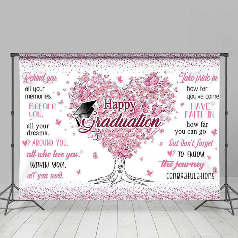 Lofaris White Pink Heart Floral Tree Happy Graduation Backdrop