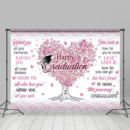 Lofaris White Pink Heart Floral Tree Happy Graduation Backdrop