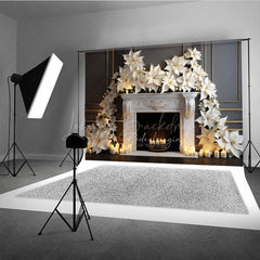 Lofaris White Poinsettia Christmas Photography Backdrop Elegant Fireplace with Candles Classic Holiday Studio Photo Prop