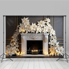 Lofaris White Poinsettia Christmas Photography Backdrop Elegant Fireplace with Candles Classic Holiday Studio Photo Prop