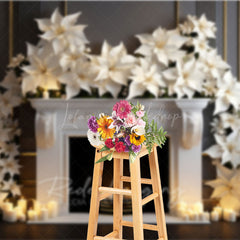 Lofaris White Poinsettia Christmas Photography Backdrop Elegant Fireplace with Candles Classic Holiday Studio Photo Prop