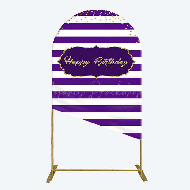 Lofaris White Purple Stripe Gold Glitter Birthday Arch Backdrop