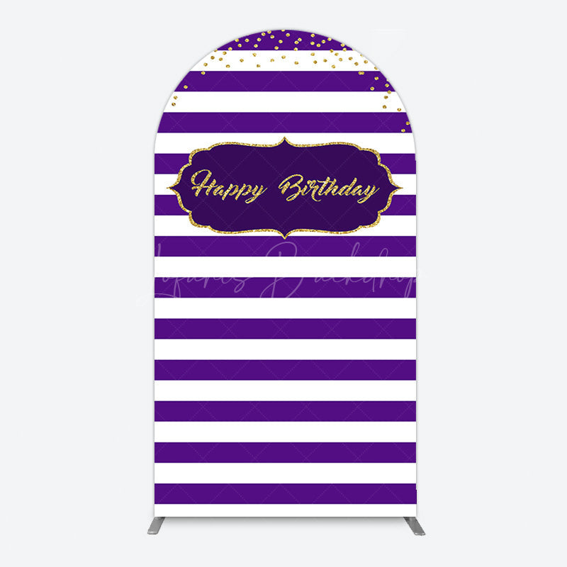 Lofaris White Purple Stripe Gold Glitter Birthday Arch Backdrop
