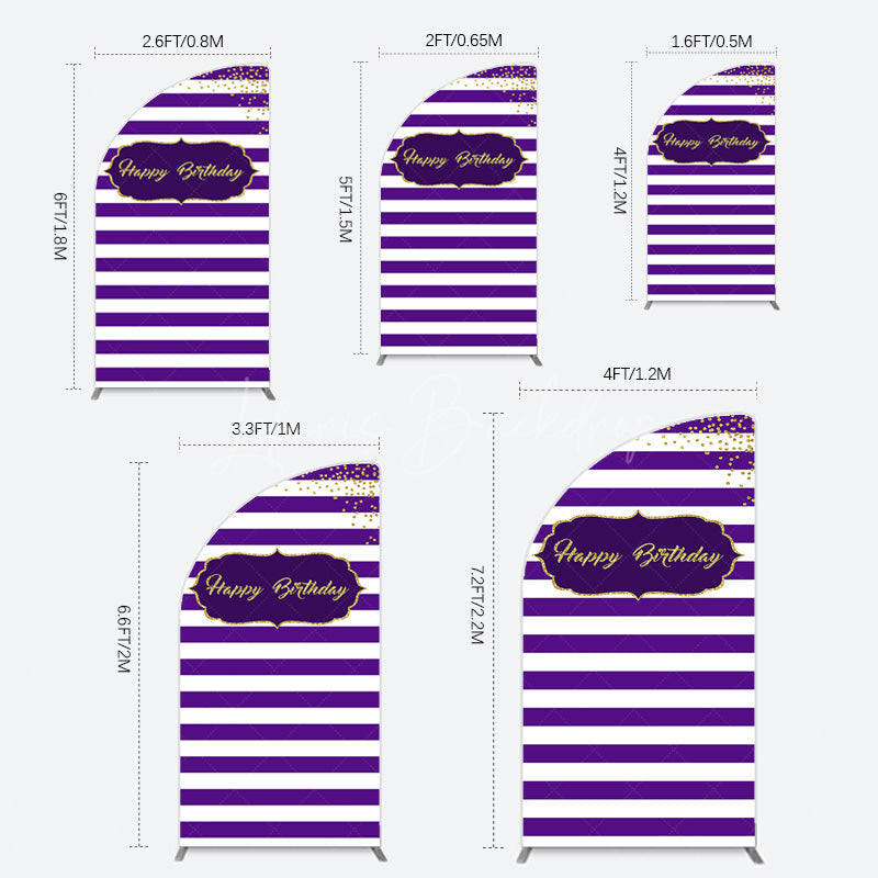 Lofaris White Purple Stripe Gold Glitter Birthday Half Moon Arch Backdrop
